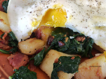 Bacon Potato Hash with Spinach and Eggs - My Turn for Us