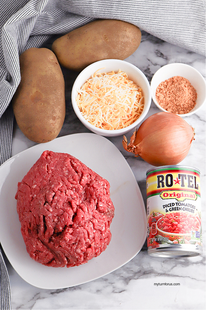 rotel, hamburger meat, cheese and onion