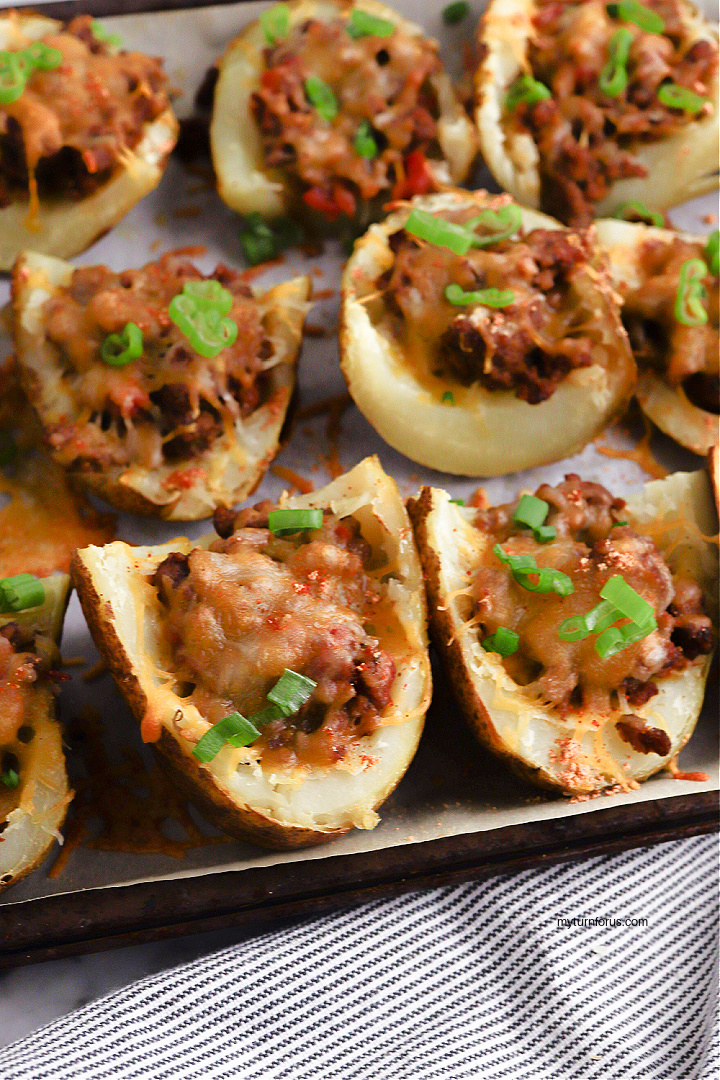 taco topped potato skins, mexican stuffed potato